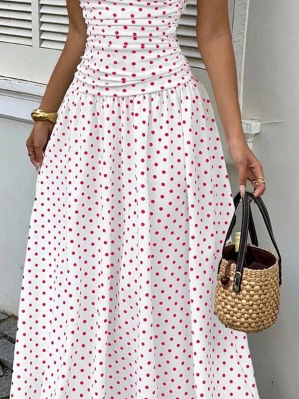 SHEIN White Strapless Maxi Dress with Red Polka Dots